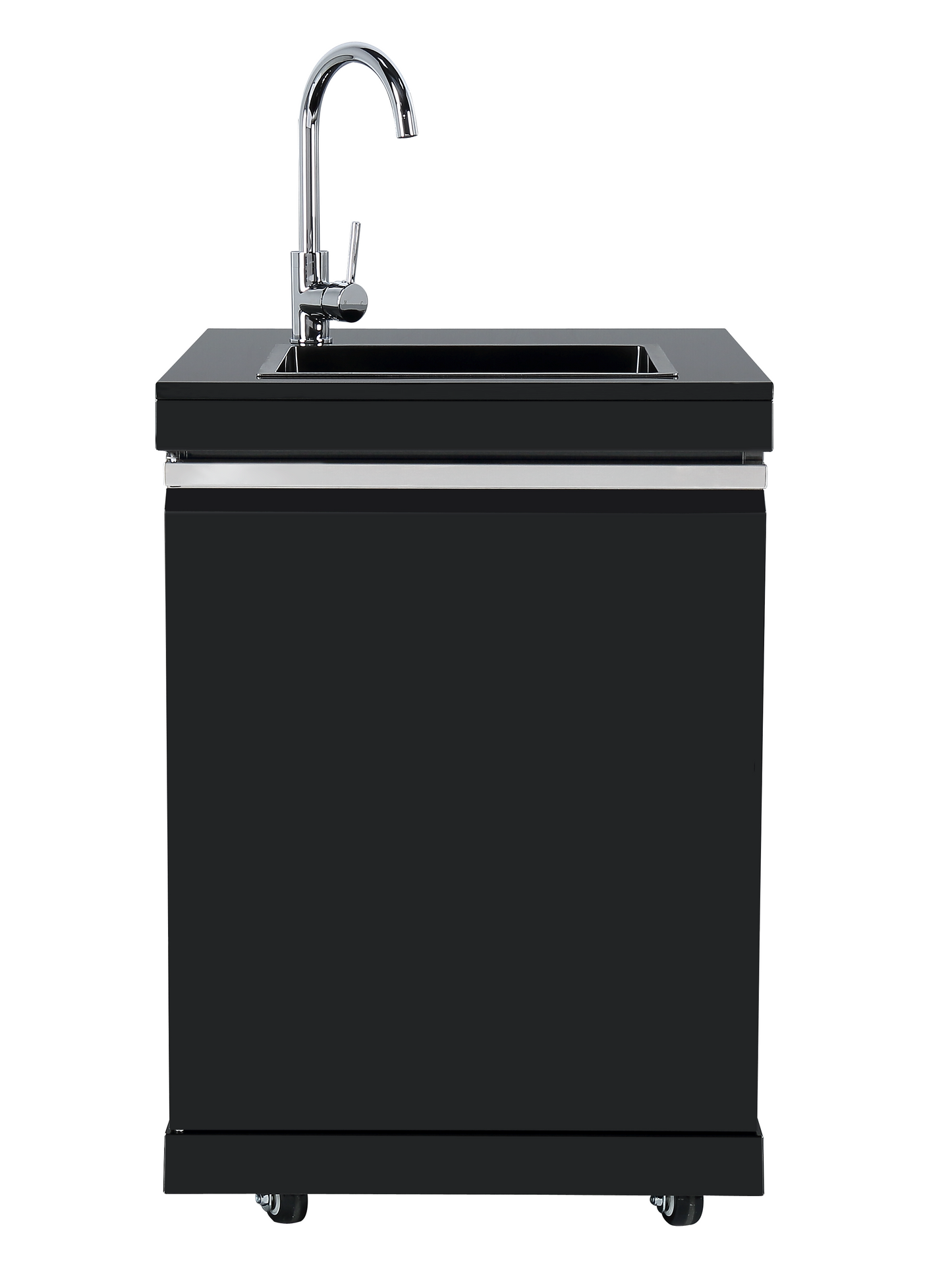 6 Burner Non Wok Black Stainless Steel BBQ Kitchen: Stone Bench, Fridge, Sink, Height Adjustable, Rotisserie with BBQ Cover