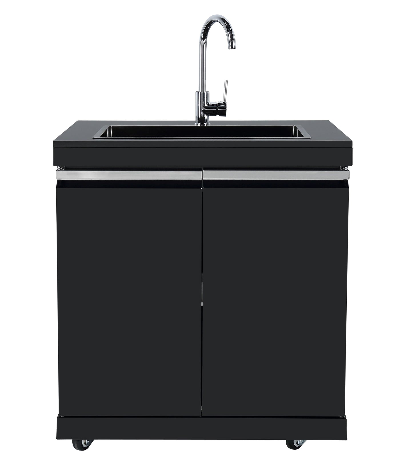 6 Burner Non Wok Black Stainless Steel BBQ Kitchen: Stone Bench, Fridge, Sink, Height Adjustable, Rotisserie with BBQ Cover
