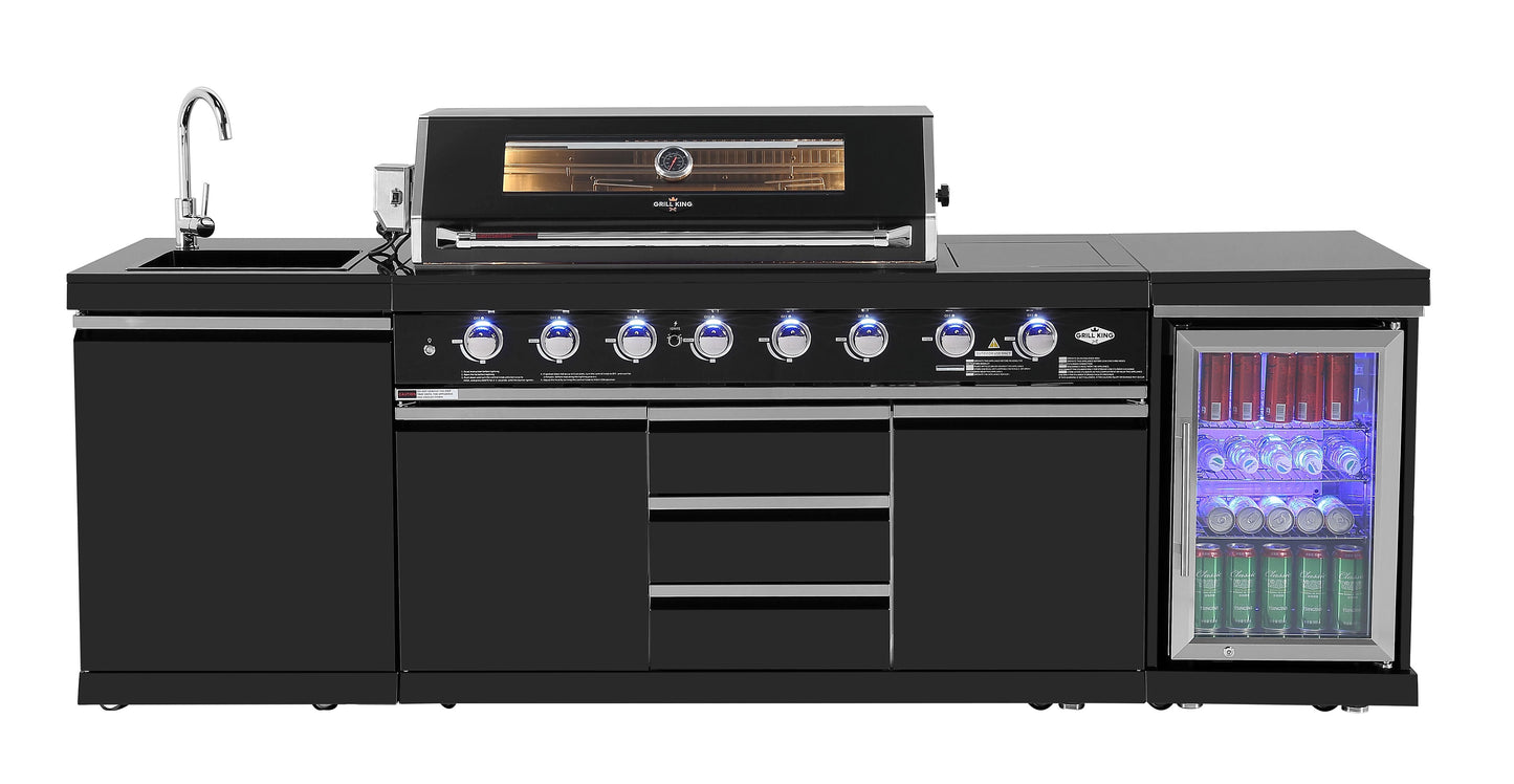 Kingsley 6-Burner Outdoor BBQ Kitchen + 118L Kegerator : Black Stainless Steel, Stone Bench, Fridge, Sink, Height Adjustable, Rotisserie with BBQ Cover