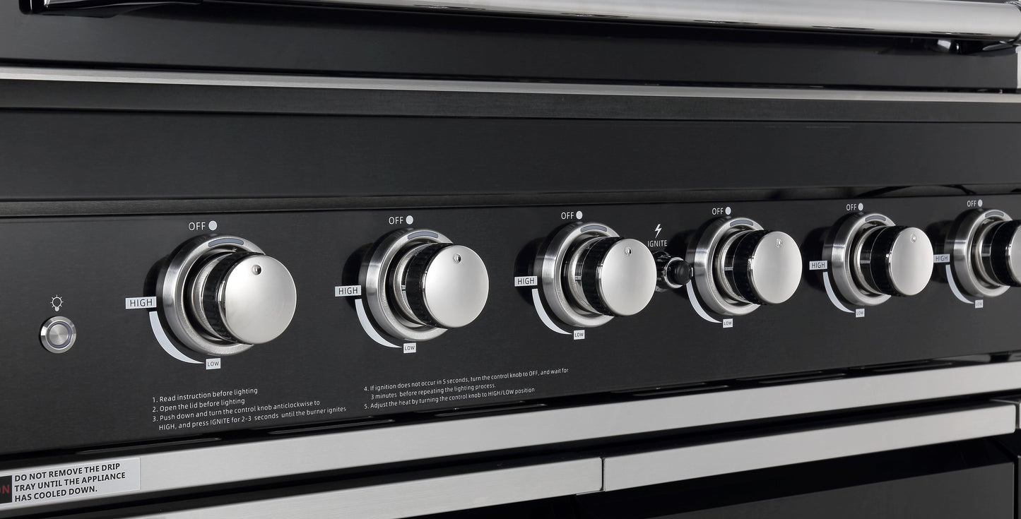 6 Burner Non Wok Black Stainless Steel BBQ Kitchen: Stone Bench, Fridge, Sink, Height Adjustable, Rotisserie with BBQ Cover