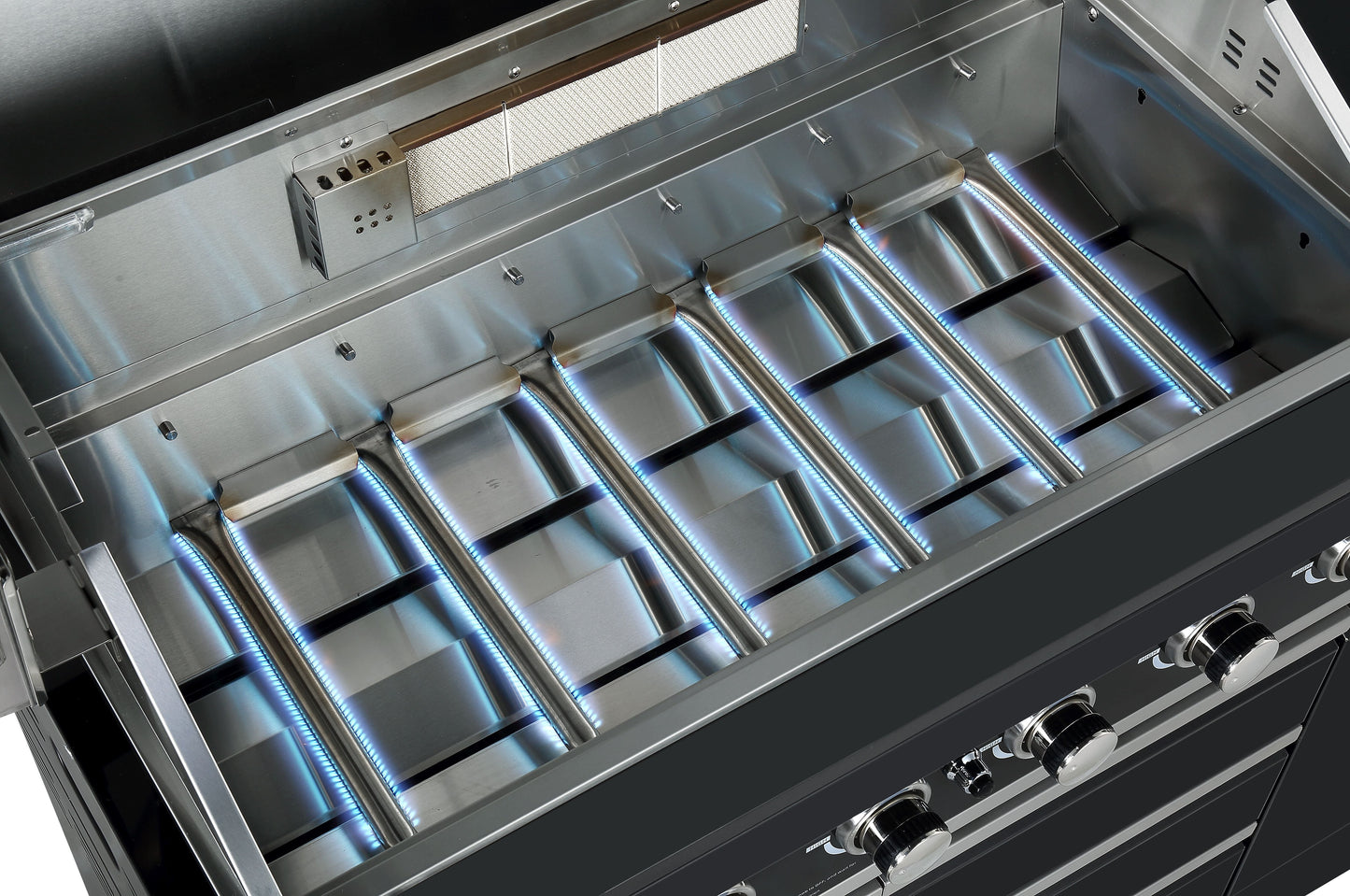 6 Burner Non Wok Black Stainless Steel BBQ Kitchen: Stone Bench, Fridge, Sink, Height Adjustable, Rotisserie with BBQ Cover