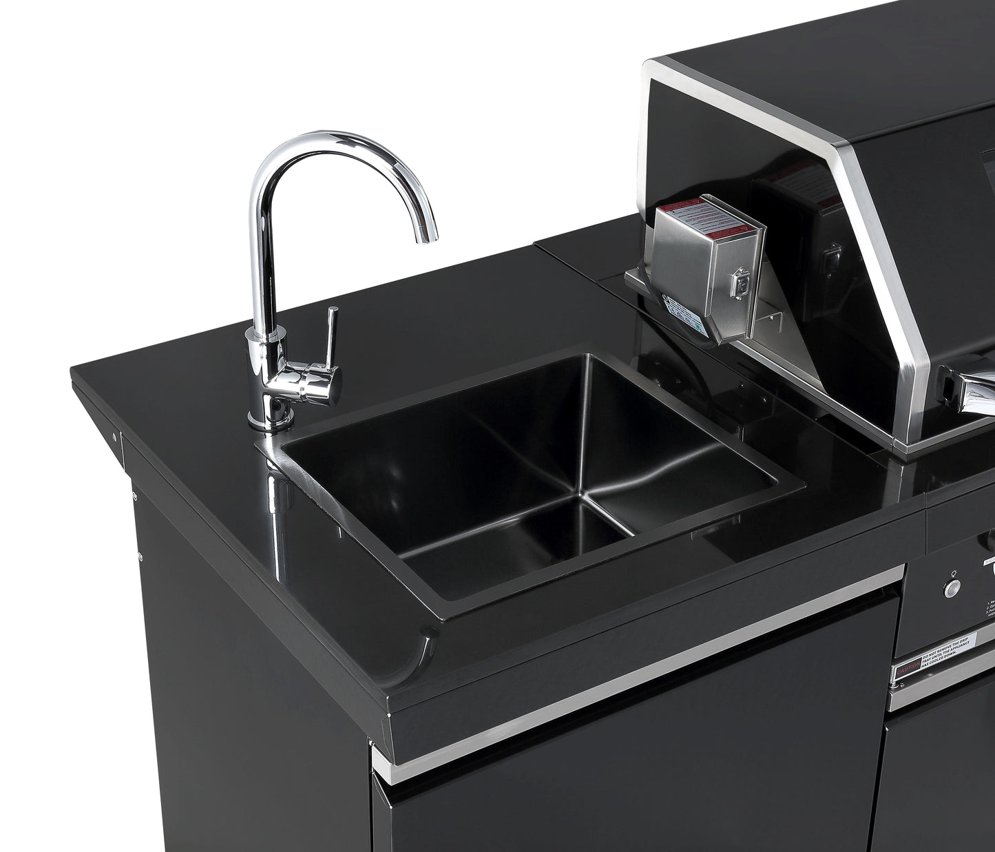 6 Burner Non Wok Black Stainless Steel BBQ Kitchen: Stone Bench, Fridge, Sink, Height Adjustable, Rotisserie with BBQ Cover