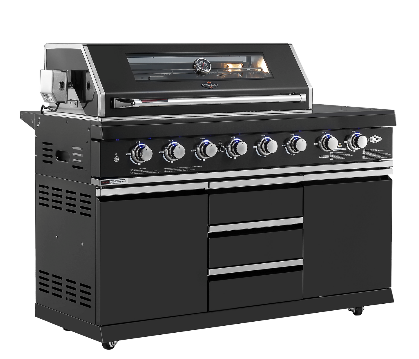 Kingsley 6-Burner Outdoor BBQ Kitchen + 23” Smoker Module: Black Stainless Steel, Stone Bench, Fridge, Sink, Height Adjustable, Rotisserie with BBQ Cover