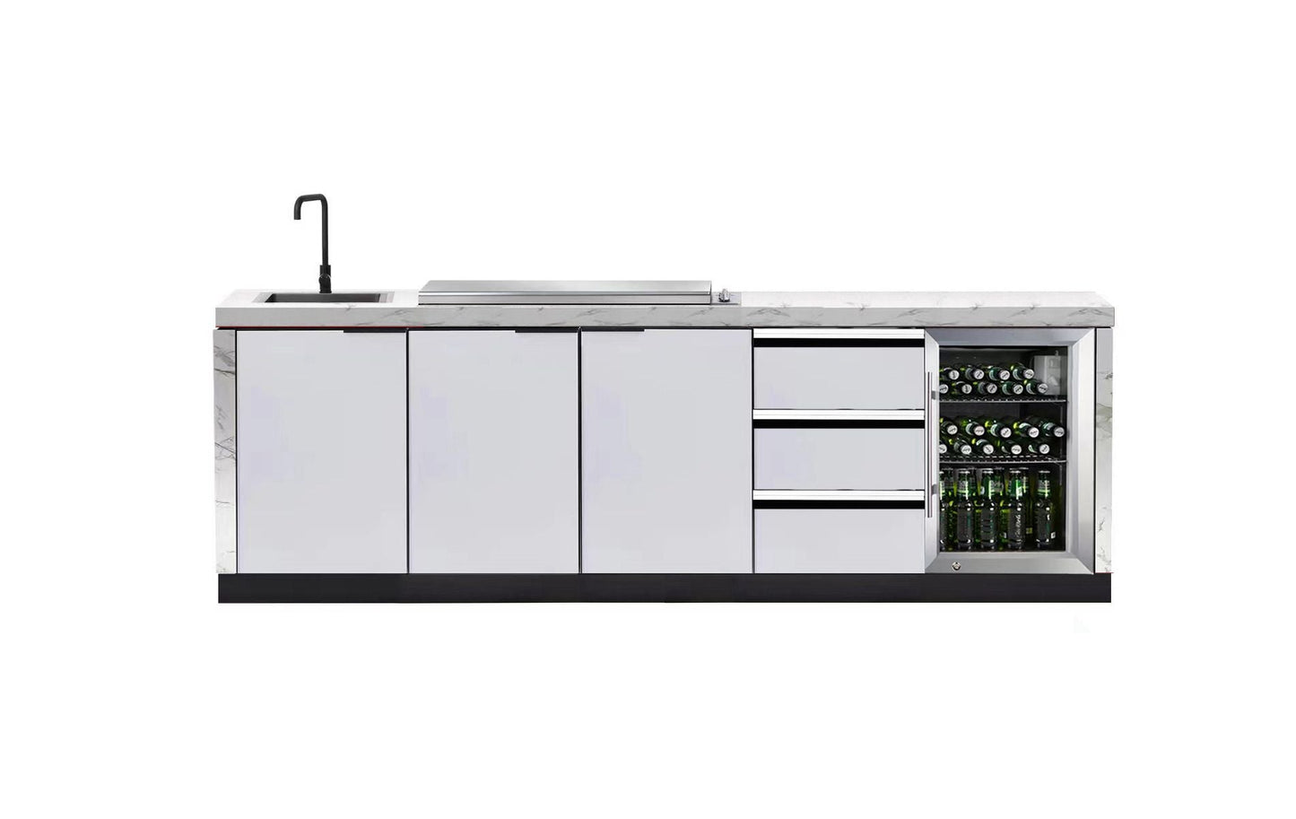 Rockpool 4B Flat Hood BBQ Kitchen | Teppanyaki BBQ Kitchen Package with Hampton Style White Cabinets, Stainless Steel Flat Hood, Fridge and Sink