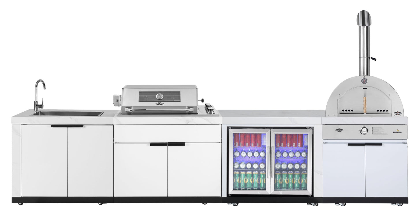Grill King 4B Drop In Gas BBQ with Slimline Hood | Designer BBQ Kitchen Package in White Hampton Rockpool Stone Inc Fridge and Sink