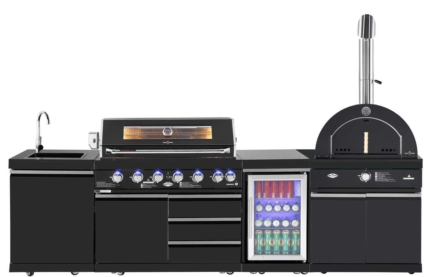 6 Burner Non Wok Black Stainless Steel BBQ Kitchen: Stone Bench, Fridge, Sink, Height Adjustable, Rotisserie with BBQ Cover