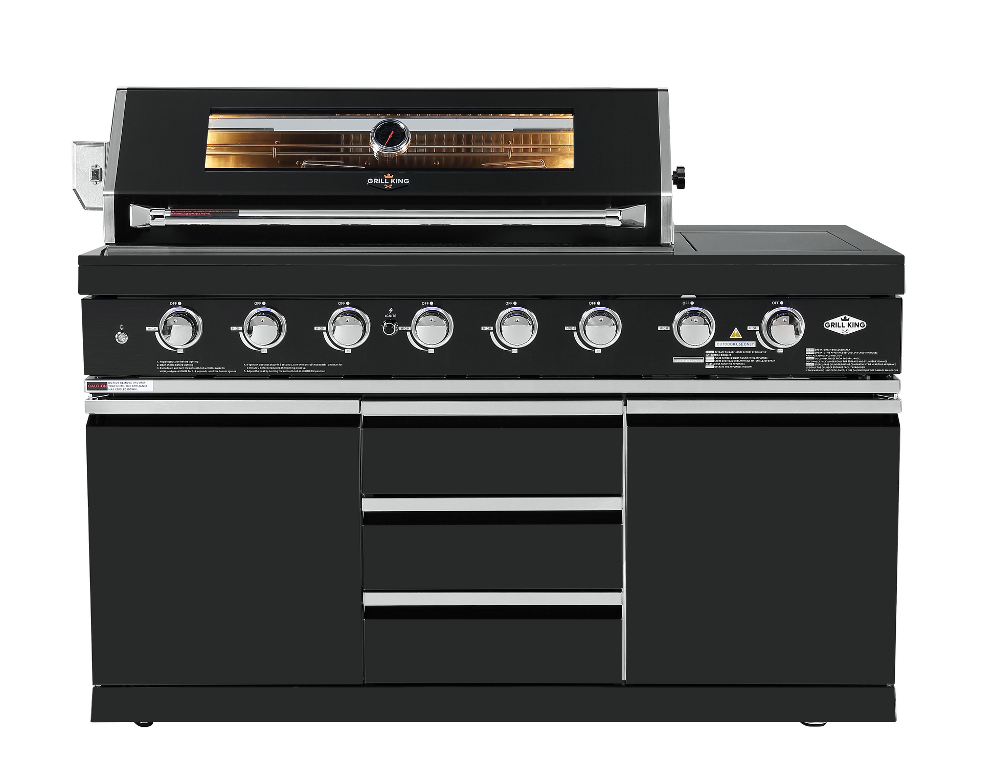 Kingsley 6-Burner Outdoor BBQ Kitchen: Black Stainless Steel, Stone Bench, Fridge, Sink, Height Adjustable, Rotisserie with BBQ Cover