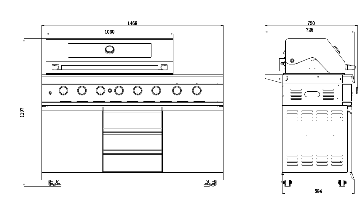 Kingsley 6-Burner Outdoor BBQ Kitchen + 23” Smoker Module: Black Stainless Steel, Stone Bench, Fridge, Sink, Height Adjustable, Rotisserie with BBQ Cover