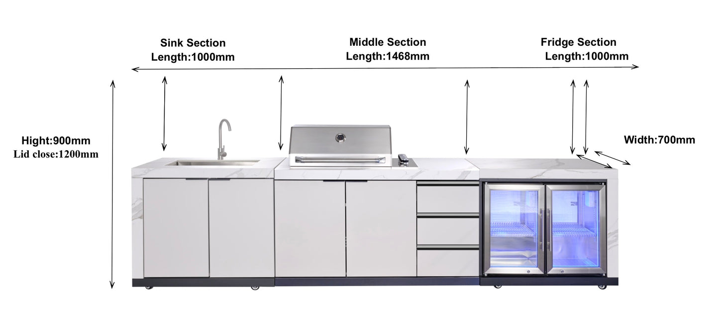 Rockpool 4B Flat Hood BBQ Kitchen | Teppanyaki BBQ Kitchen Package with Hampton Style White Cabinets, Stainless Steel Flat Hood, Fridge and Sink
