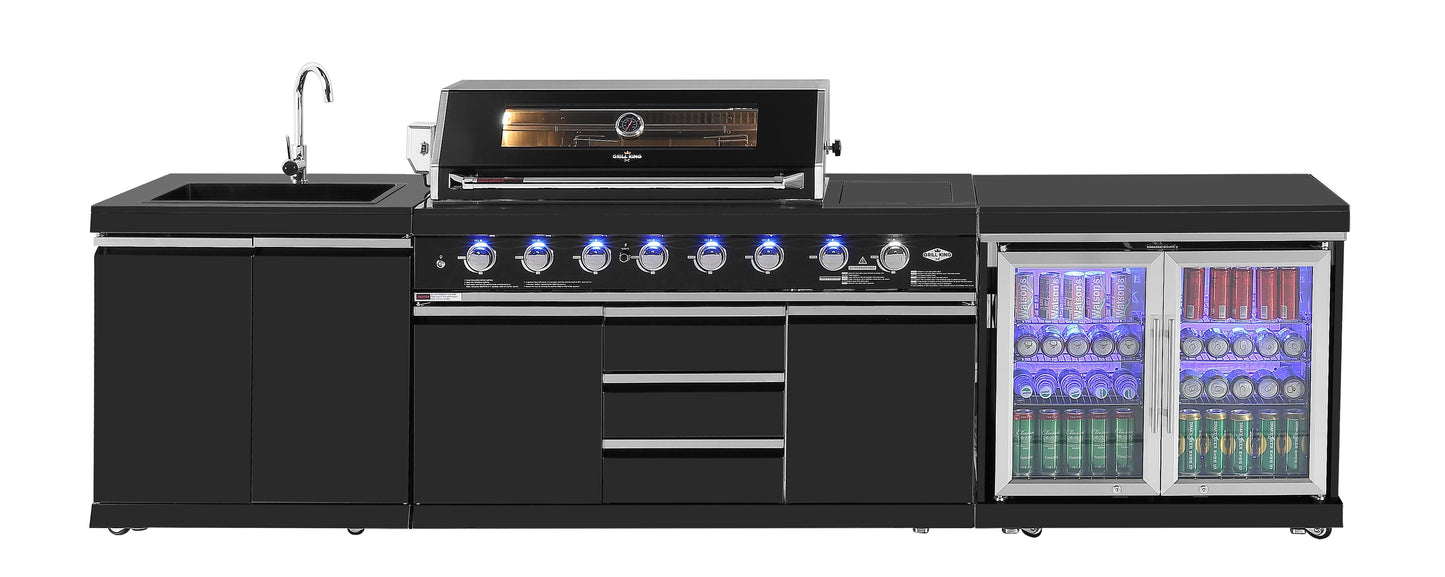 Kingsley 6-Burner Outdoor BBQ Kitchen + 23” Smoker Module: Black Stainless Steel, Stone Bench, Fridge, Sink, Height Adjustable, Rotisserie with BBQ Cover