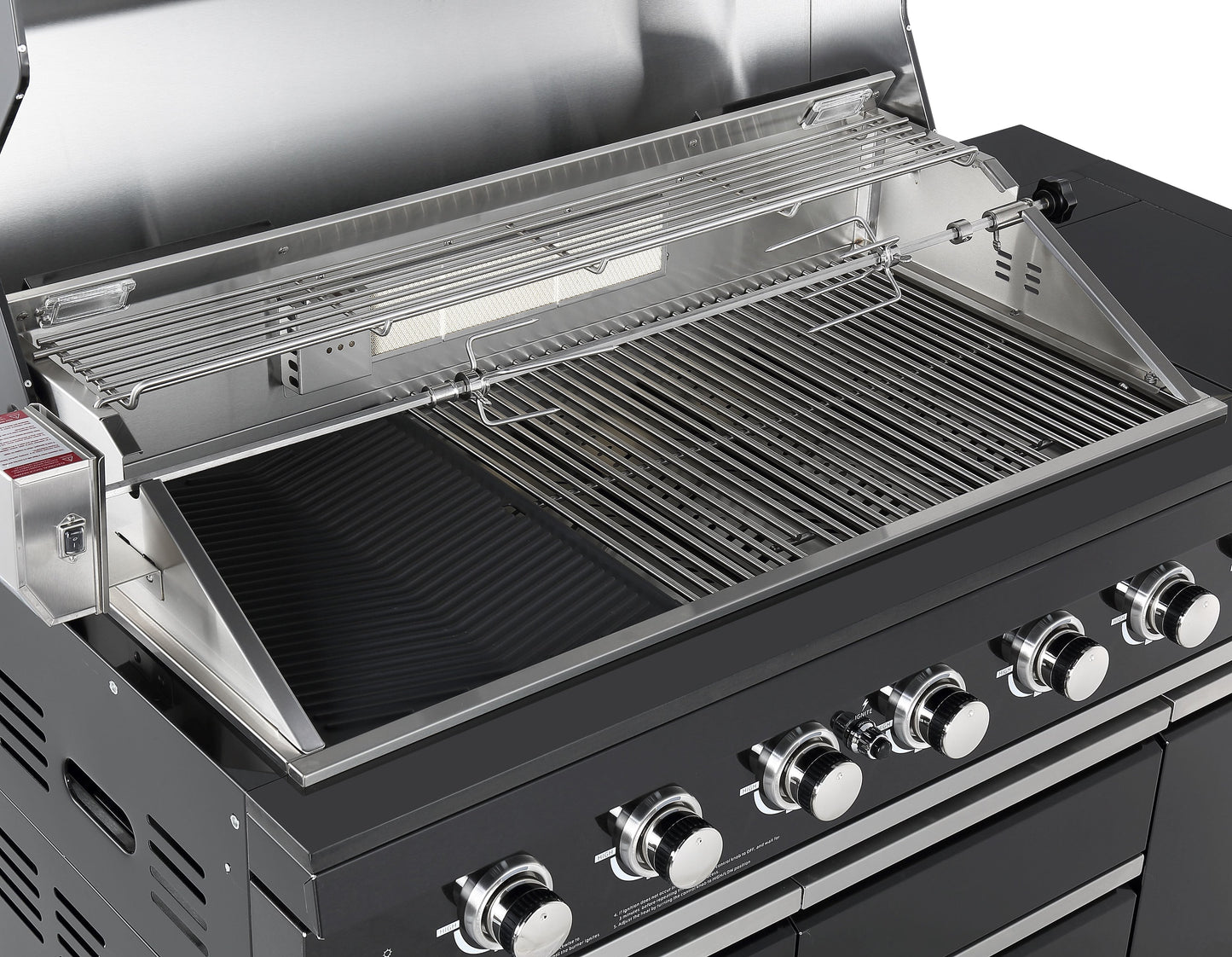 Kingsley 6-Burner Outdoor BBQ Kitchen + 23” Smoker Module: Black Stainless Steel, Stone Bench, Fridge, Sink, Height Adjustable, Rotisserie with BBQ Cover