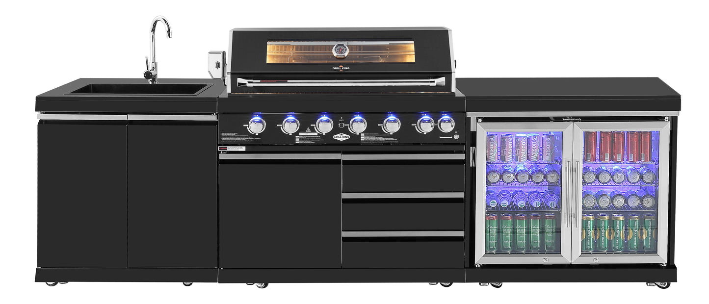 6 Burner Non Wok Black Stainless Steel BBQ Kitchen: Stone Bench, Fridge, Sink, Height Adjustable, Rotisserie with BBQ Cover