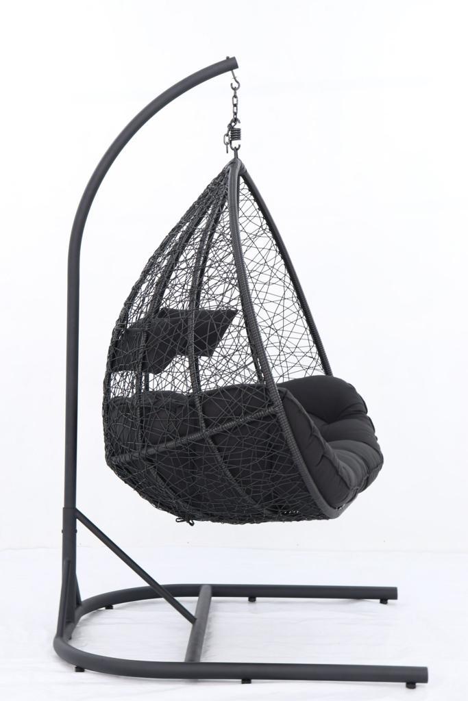 ARI Outdoor Hanging Egg Chair Black - Outdoor Patio Hanging Egg Chair with Cushion and Metal Stand. Frame: steel, powder coated. Round Wicker woven