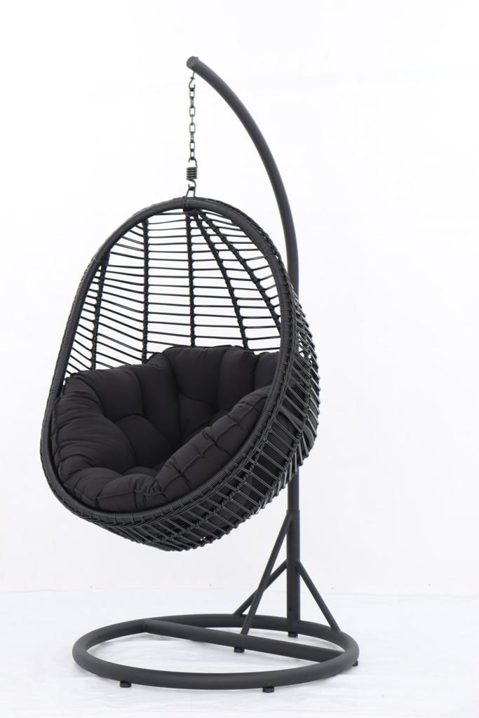 ARI Outdoor Hanging Egg Chair Black - Outdoor Patio Hanging Egg Chair with Cushion and Metal Stand. Frame: steel, powder coated. Round Wicker woven