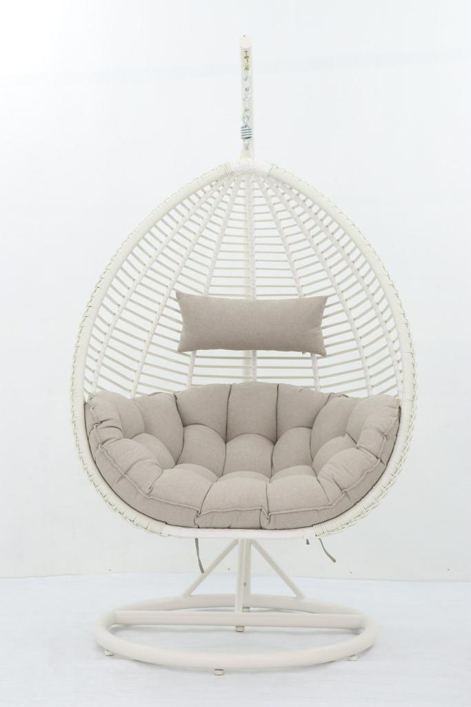 ARI Outdoor Hanging Egg Chair White - Outdoor Patio Hanging Egg Chair with Cushion and Metal Stand. Frame: steel, powder coated. Round Wicker woven