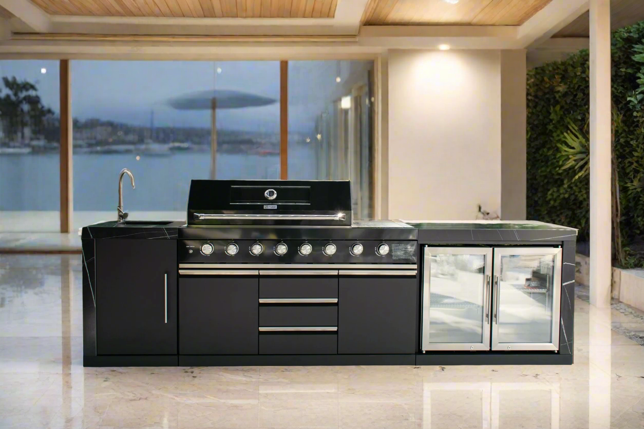 Rockpool Black XL 6B + Wok : Designer Outdoor Kitchen BBQ Package With Fridge, Sink, Rotisserie & BBQ Covers.