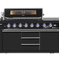 Kingsley 6-Burner Outdoor BBQ Kitchen: Black Stainless Steel, Stone Bench, Fridge, Sink, Height Adjustable, Rotisserie with BBQ Cover