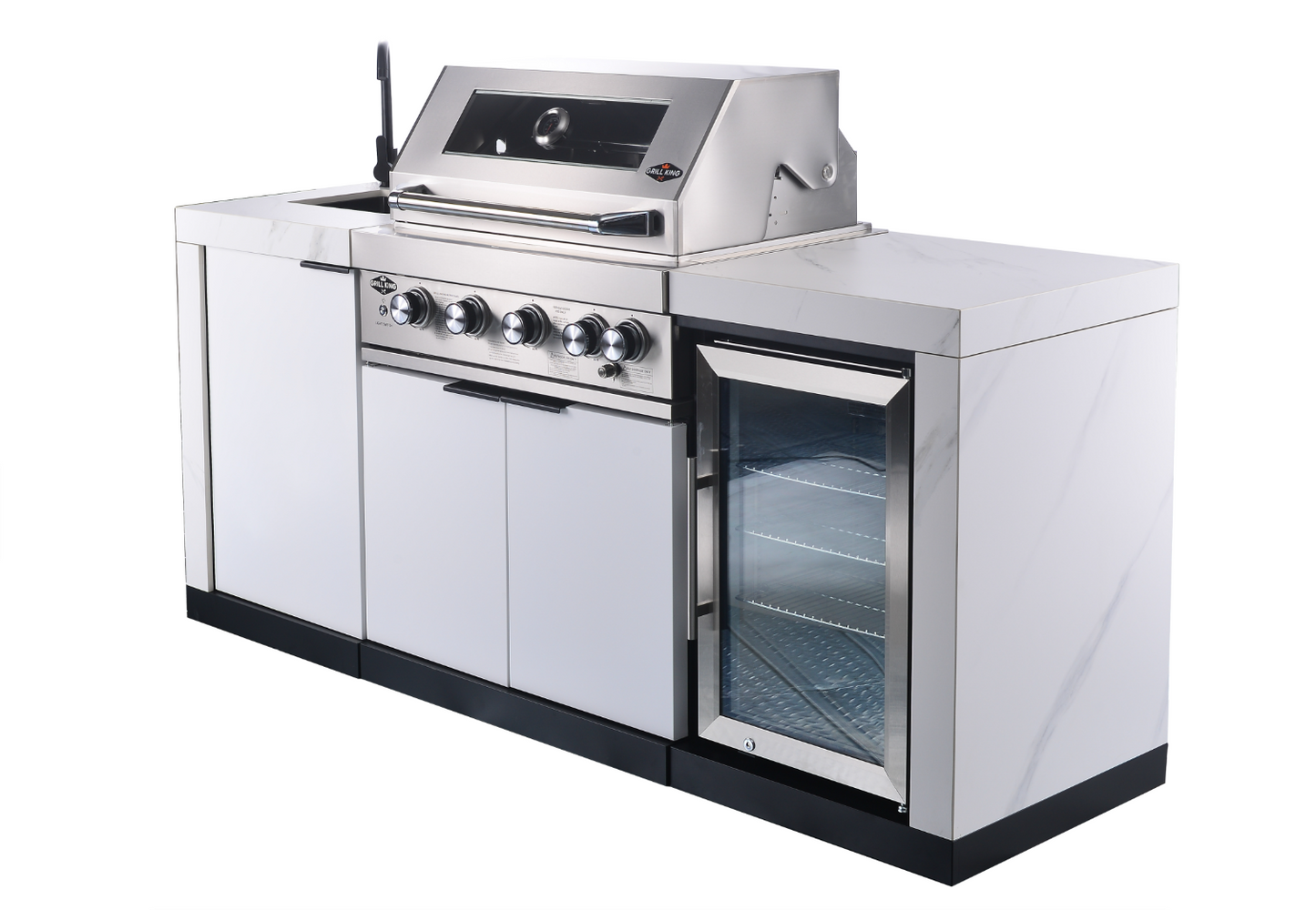 Rockpool White 4B: Designer Outdoor BBQ Kitchen Matt White Stone + White Doors, Fridge & Sink