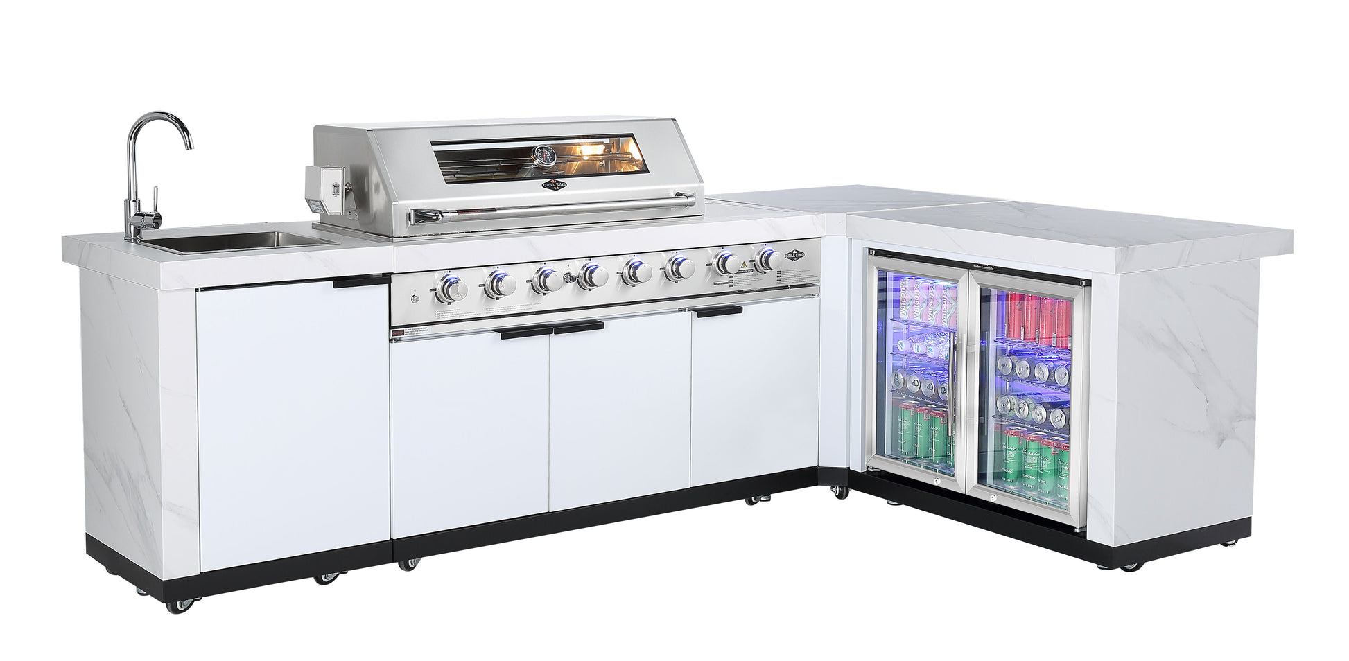 Rockpool White XL 6B + Wok L Shape Corner Complete Designer Outdoor Kitchen BBQ Package With Fridge, Sink, Rotisserie & BBQ Covers.