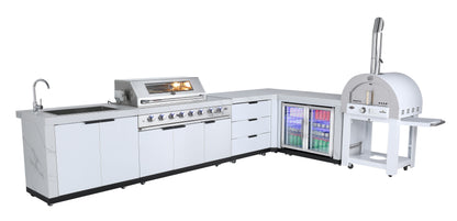 test rey 1 Rockpool White XL 6B + Wok L Shape Corner Complete Designer Outdoor Kitchen BBQ Package With Fridge, Sink, Rotisserie & BBQ Covers.