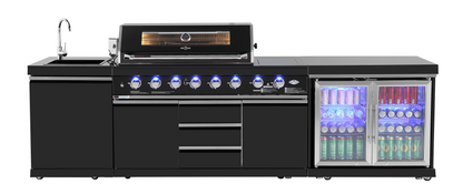 test rey 1 Kingsley 6-Burner Outdoor BBQ Kitchen: Black Stainless Steel, Stone Bench, Fridge, Sink, Height Adjustable, Rotisserie with BBQ Cover