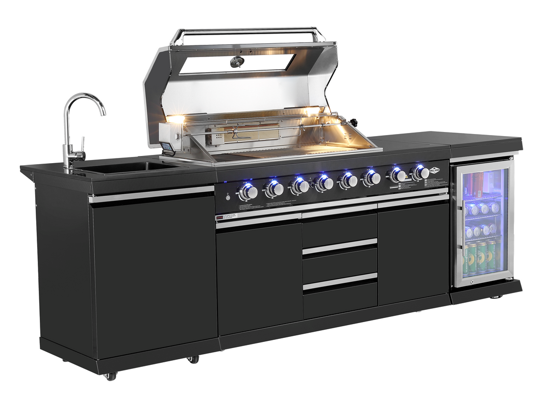 Kingsley 6-Burner Outdoor BBQ Kitchen: Black Stainless Steel, Stone Bench, Fridge, Sink, Height Adjustable, Rotisserie with BBQ Cover