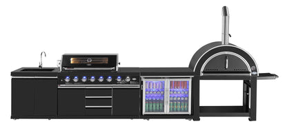 test rey 1 Kingsley 6-Burner Outdoor BBQ Kitchen: Black Stainless Steel, Stone Bench, Fridge, Sink, Height Adjustable, Rotisserie with BBQ Cover
