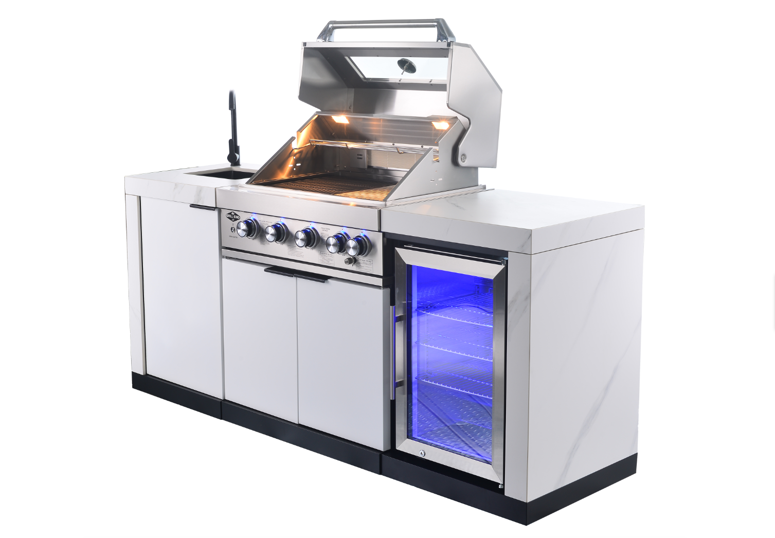 Rockpool White 4B: Designer Outdoor BBQ Kitchen Matt White Stone + White Doors, Fridge & Sink