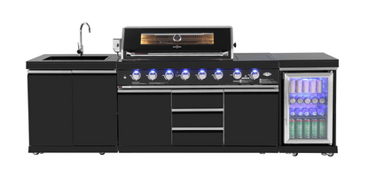 test rey 1 Kingsley 6-Burner Outdoor BBQ Kitchen: Black Stainless Steel, Stone Bench, Fridge, Sink, Height Adjustable, Rotisserie with BBQ Cover