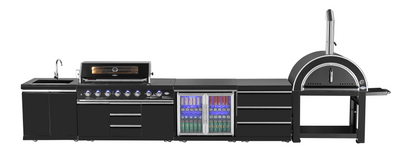 test rey 1 Kingsley 6-Burner Outdoor BBQ Kitchen: Black Stainless Steel, Stone Bench, Fridge, Sink, Height Adjustable, Rotisserie with BBQ Cover