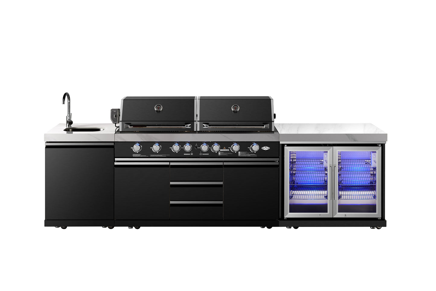 Element Twin Hood 8 Burner Outdoor BBQ Kitchen: High Grade 304 SS + White Stone