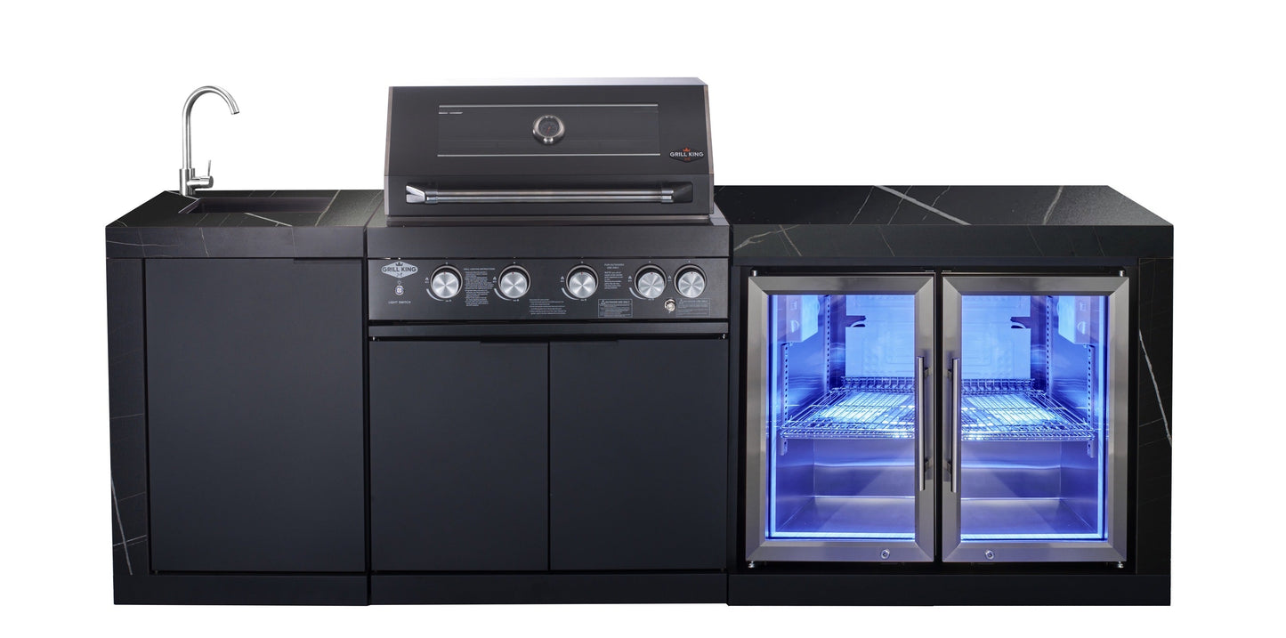 Rockpool 4B: Designer Black Outdoor BBQ Kitchen Package inc Fridge, Sink Rear Infrared, Rotisserie, BBQ Cover