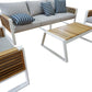 Morlaix 4 Piece Hampton Style Designer Outdoor Lounge Set: White Aluminium, Acacia Wood, Table & Cushions