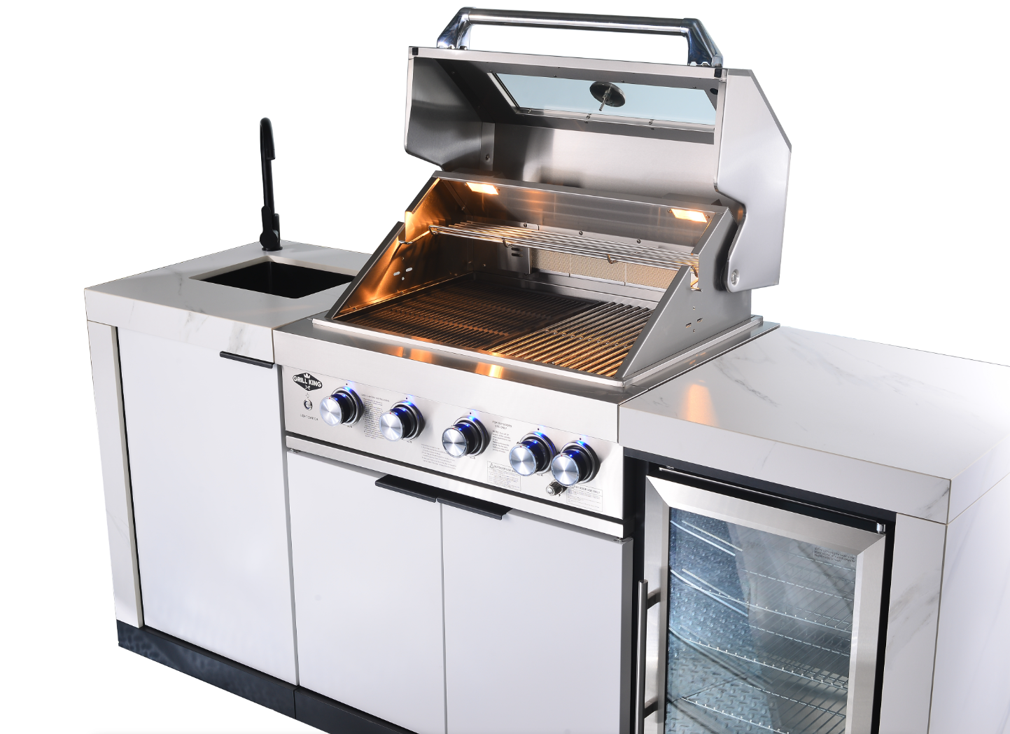 Rockpool White 4B: Designer Outdoor BBQ Kitchen Matt White Stone + White Doors, Fridge & Sink