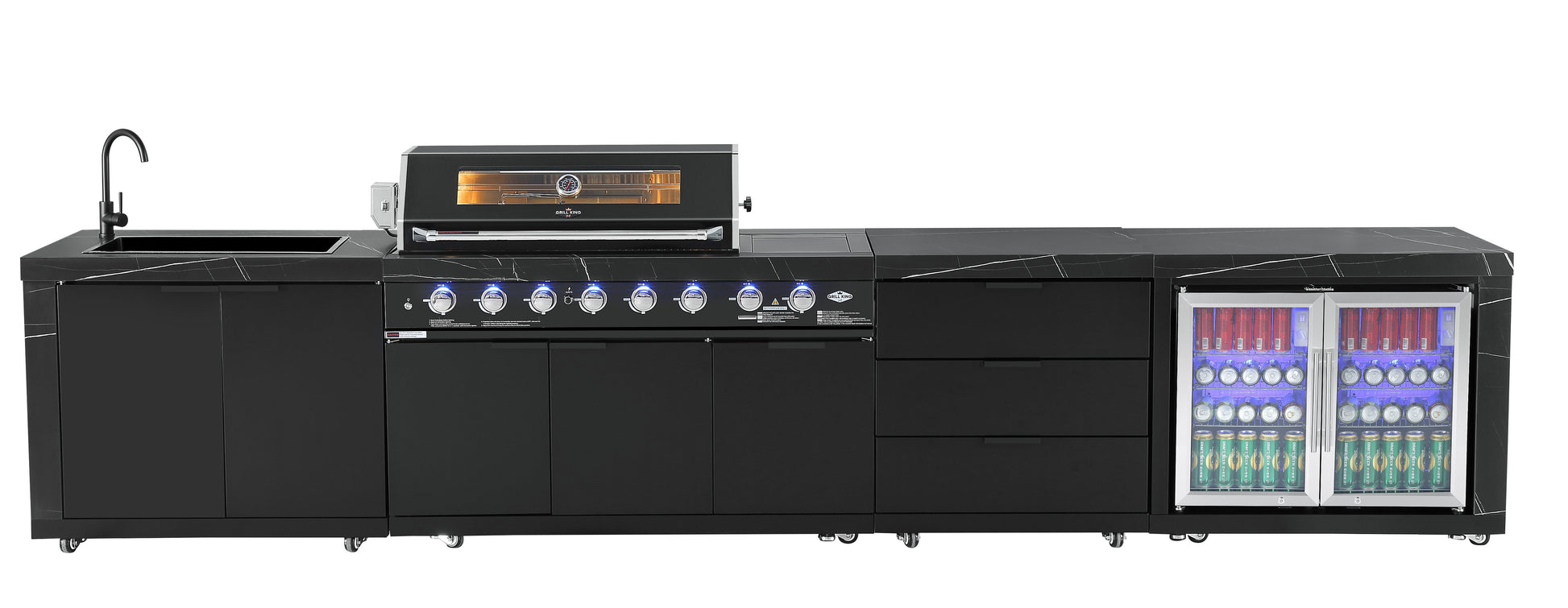 Rockpool Black XL 6B + Wok : Designer Outdoor Kitchen BBQ Package With Fridge, Sink, Rotisserie & BBQ Covers.