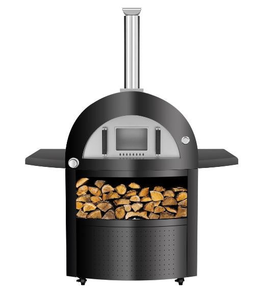 Grill King Hybrid Gas & Wood-fire 30” Pizza Oven, Heavy Duty Black Stainless Steel, Side & Front Bench