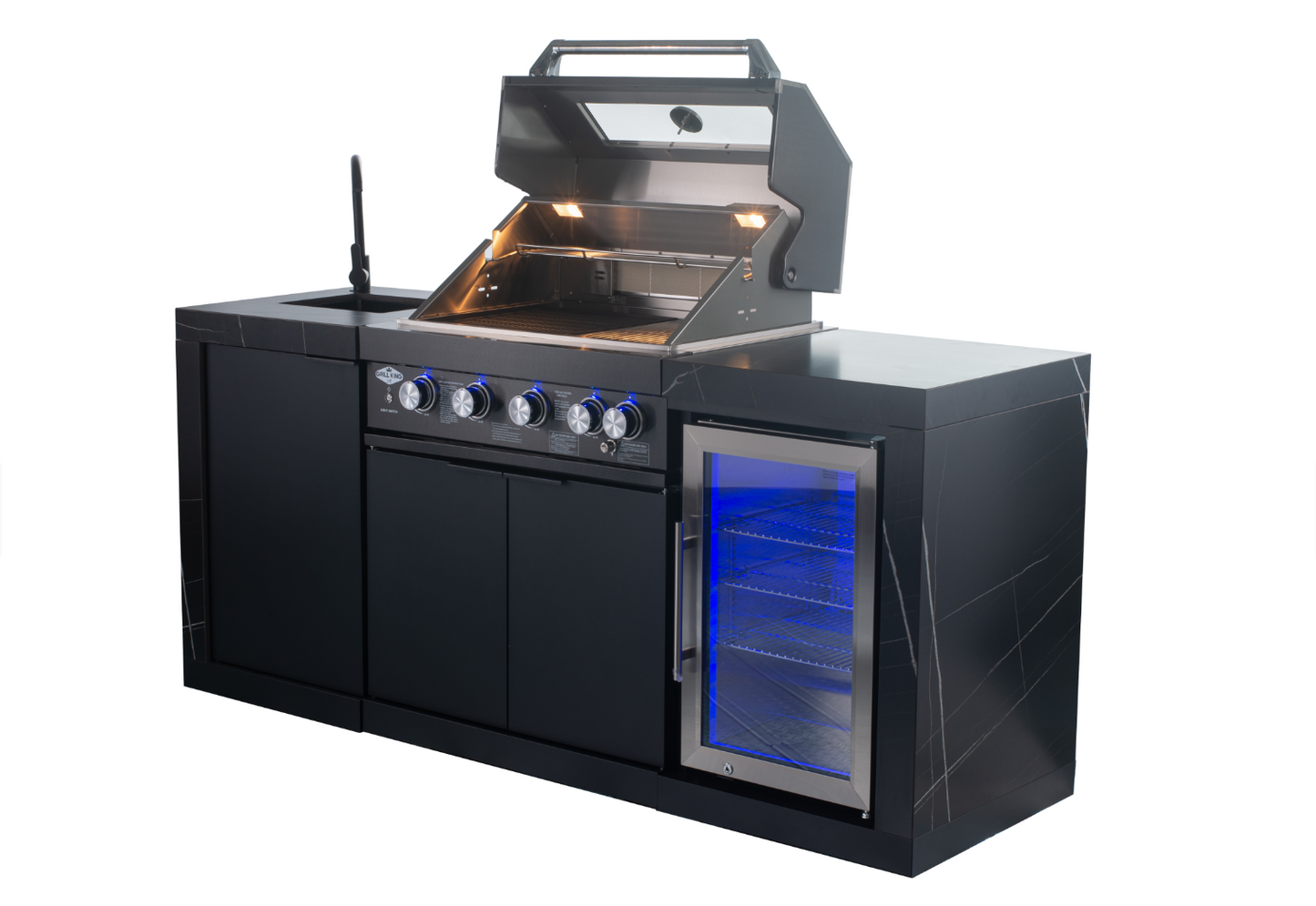 Rockpool 4B: Designer Black Outdoor BBQ Kitchen Package inc Fridge, Sink Rear Infrared, Rotisserie, BBQ Cover