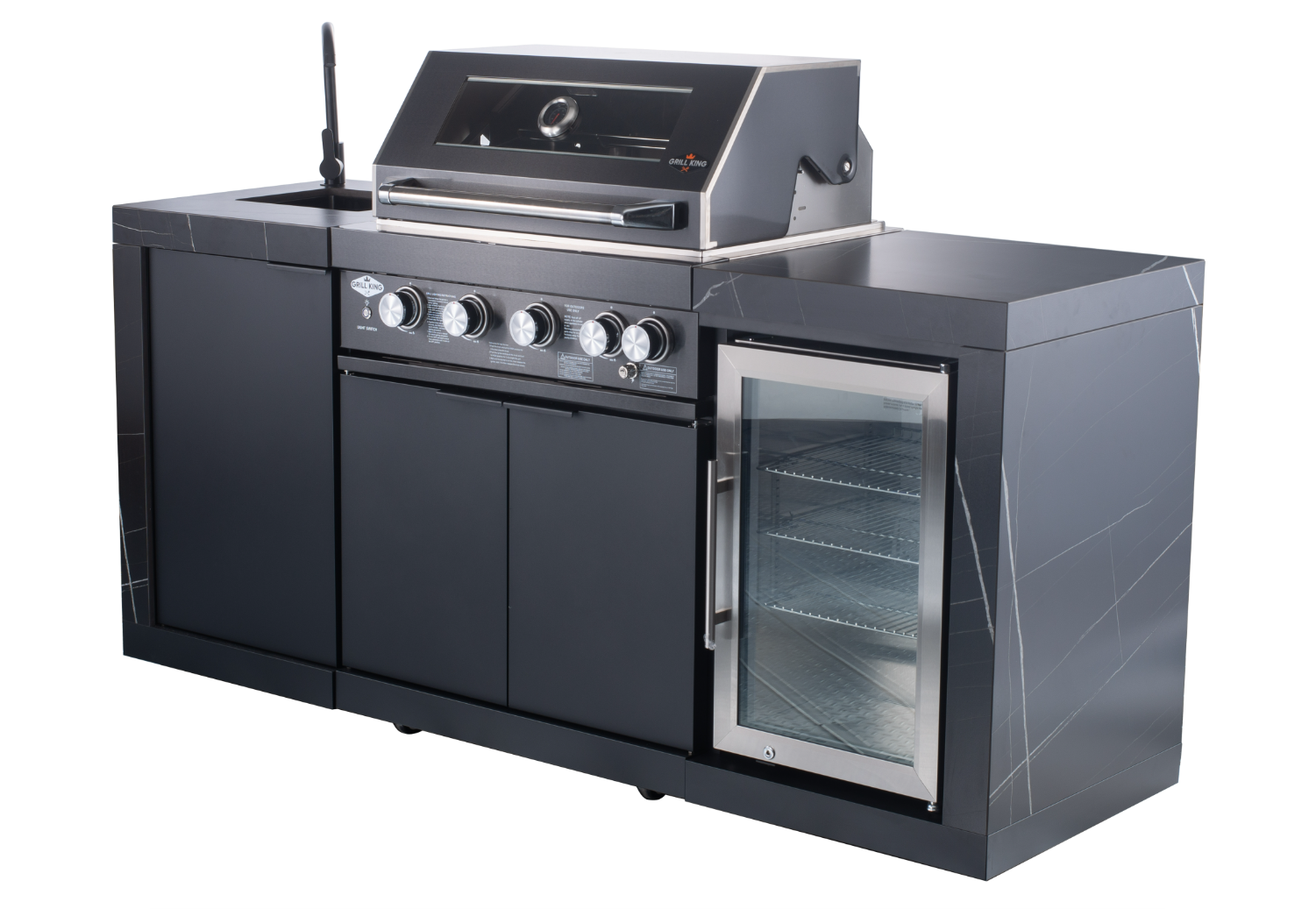 Rockpool 4B: Designer Black Outdoor BBQ Kitchen Package inc Fridge, Sink Rear Infrared, Rotisserie, BBQ Cover