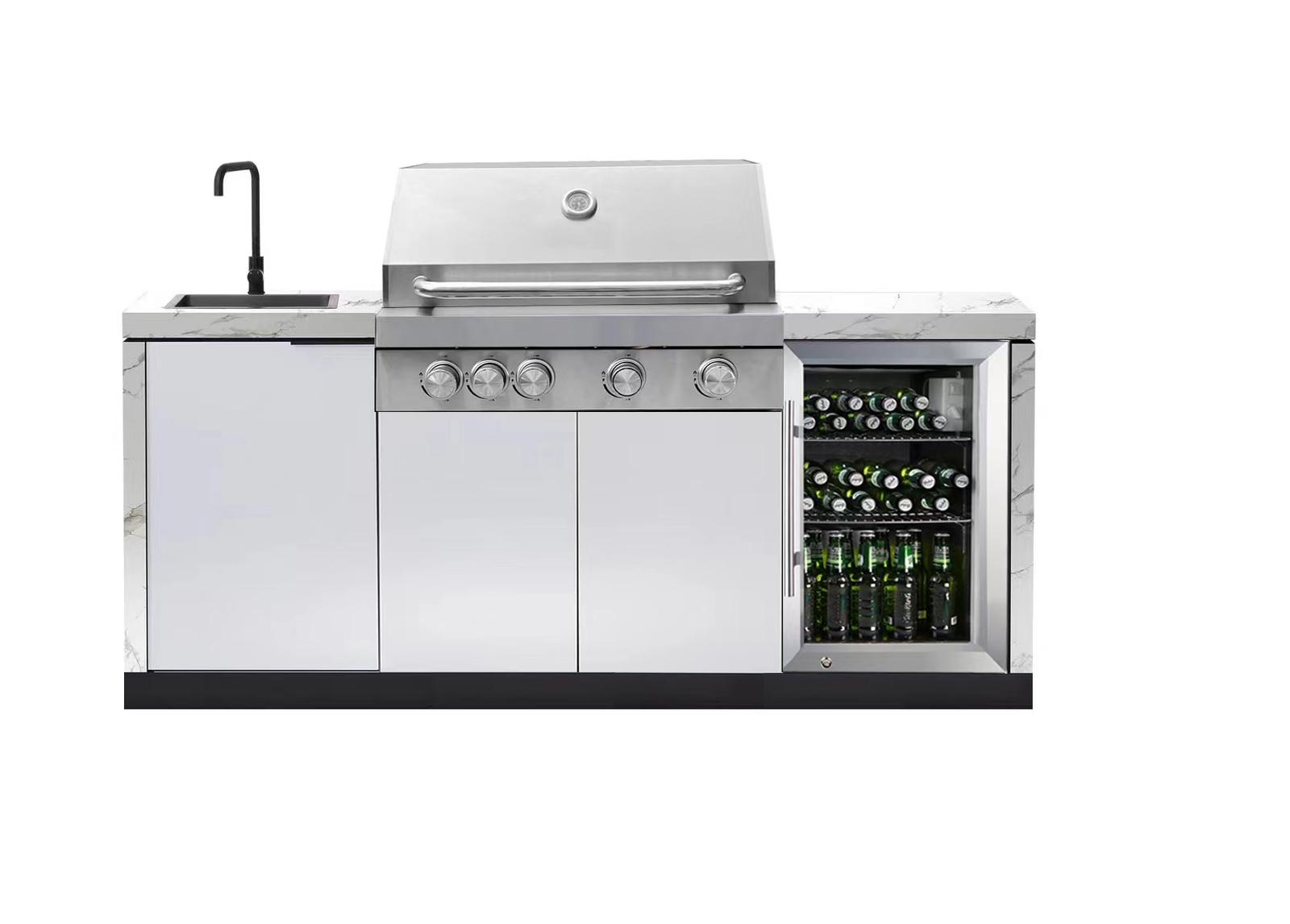 Rockpool White 4B: Designer Outdoor BBQ Kitchen Matt White Stone + White Doors, Fridge & Sink