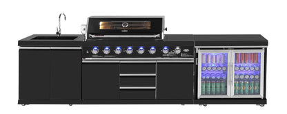 test rey 1 Kingsley 6-Burner Outdoor BBQ Kitchen: Black Stainless Steel, Stone Bench, Fridge, Sink, Height Adjustable, Rotisserie with BBQ Cover