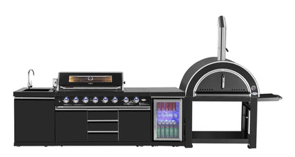 test rey 1 Kingsley 6-Burner Outdoor BBQ Kitchen: Black Stainless Steel, Stone Bench, Fridge, Sink, Height Adjustable, Rotisserie with BBQ Cover