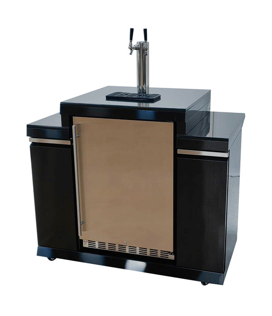 Kingsley 6-Burner Outdoor BBQ Kitchen + 118L Kegerator : Black Stainless Steel, Stone Bench, Fridge, Sink, Height Adjustable, Rotisserie with BBQ Cover