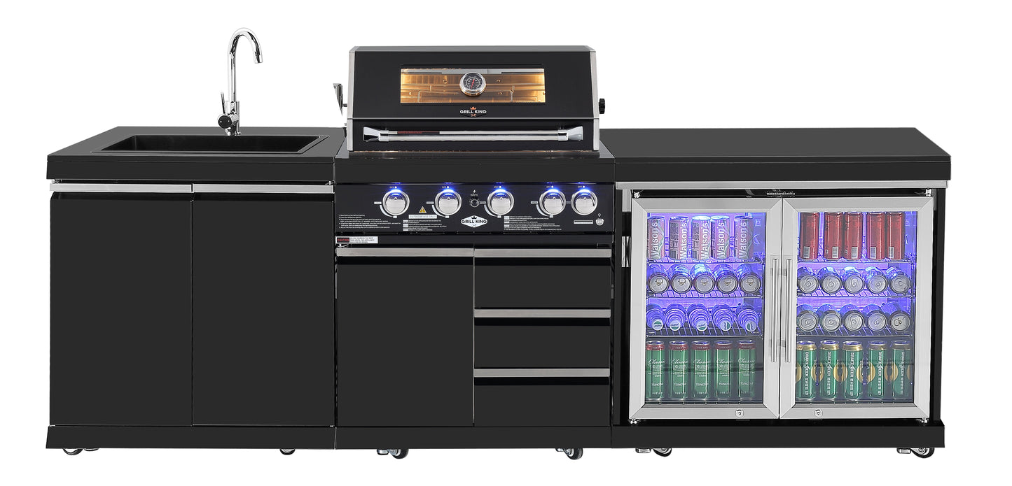 4 Burner Non Wok Black Stainless Steel BBQ Kitchen: Stone Bench, Fridge, Sink, Height Adjustable, Rotisserie with BBQ Cover