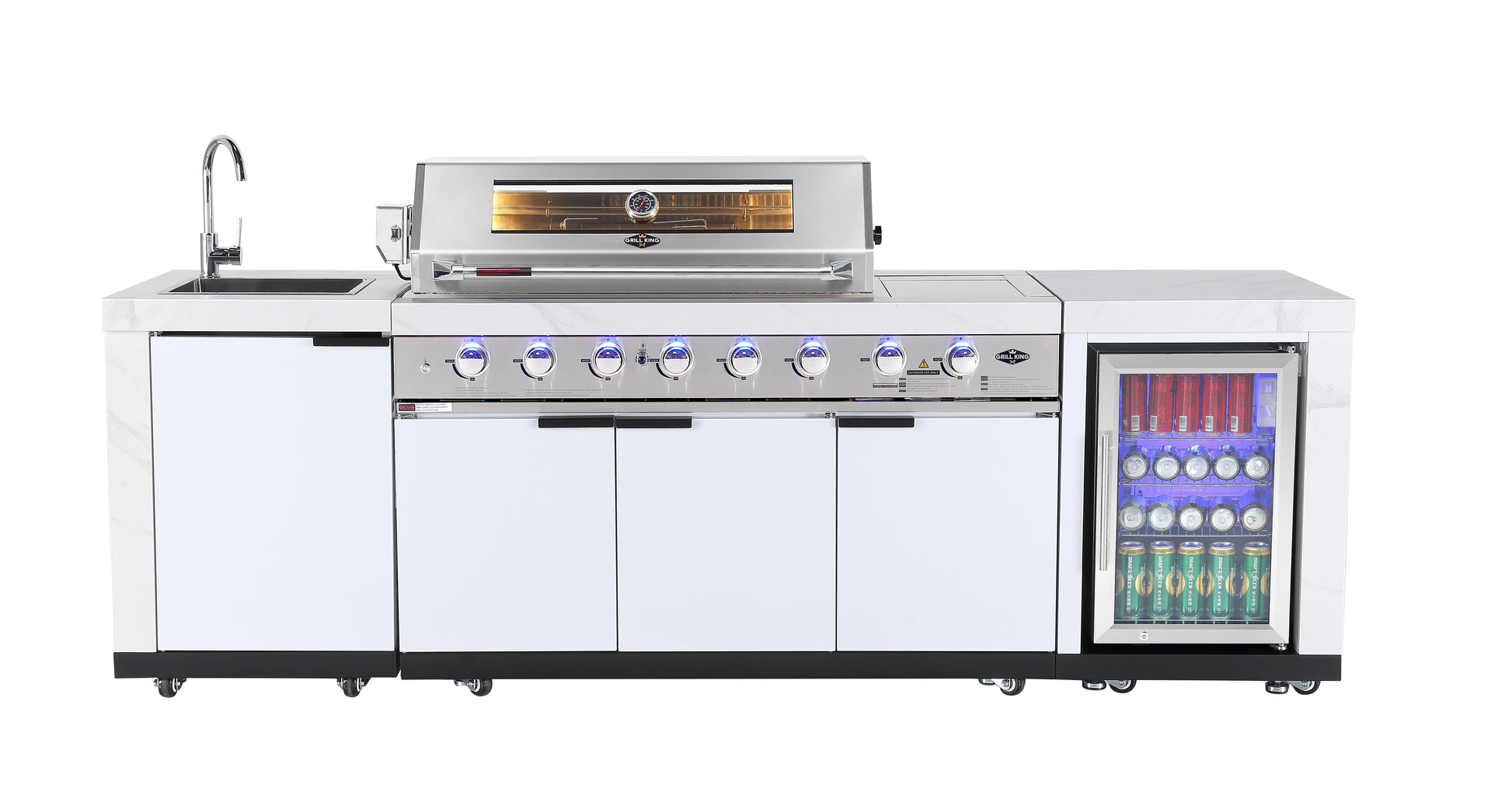 Rockpool White 6B + 23” Kamado Smoker : Designer Outdoor Kitchen BBQ Package Inc Wok Burner, Fridge, Sink, Rotisserie & BBQ Covers.