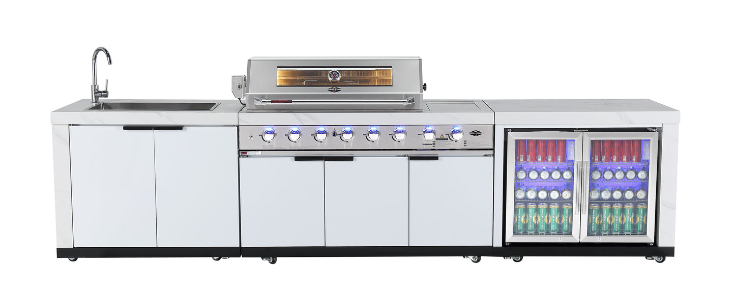 Rockpool 6B + Wok: White Designer 6 Burner Outdoor BBQ Kitchen Package: Inc White Bench, White Doors, Fridge & Sink