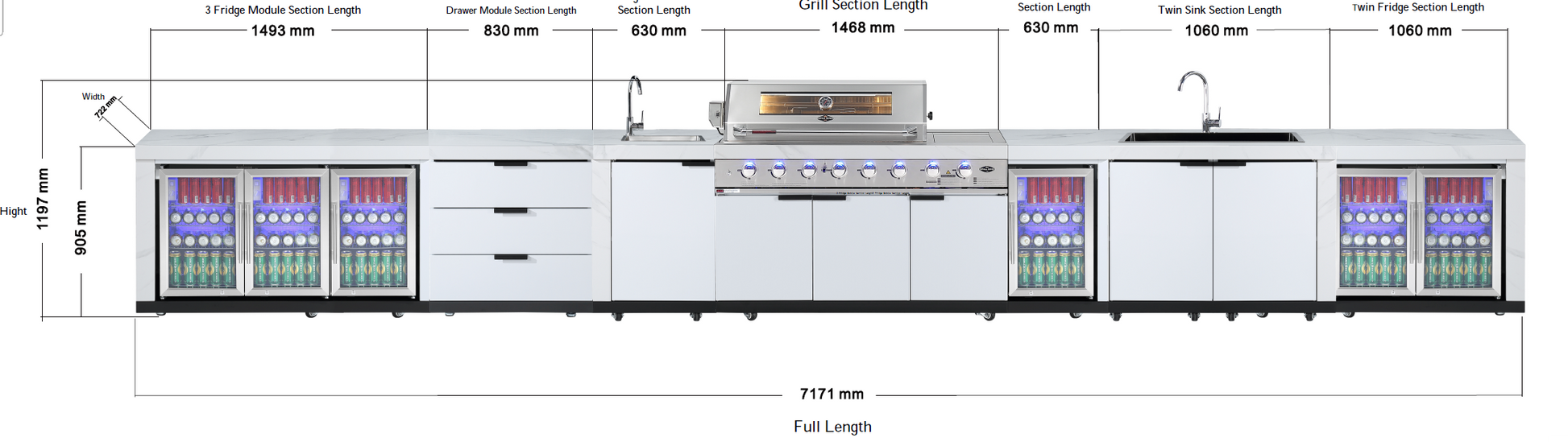 Rockpool White 6B + 23” Kamado Smoker : Designer Outdoor Kitchen BBQ Package Inc Wok Burner, Fridge, Sink, Rotisserie & BBQ Covers.