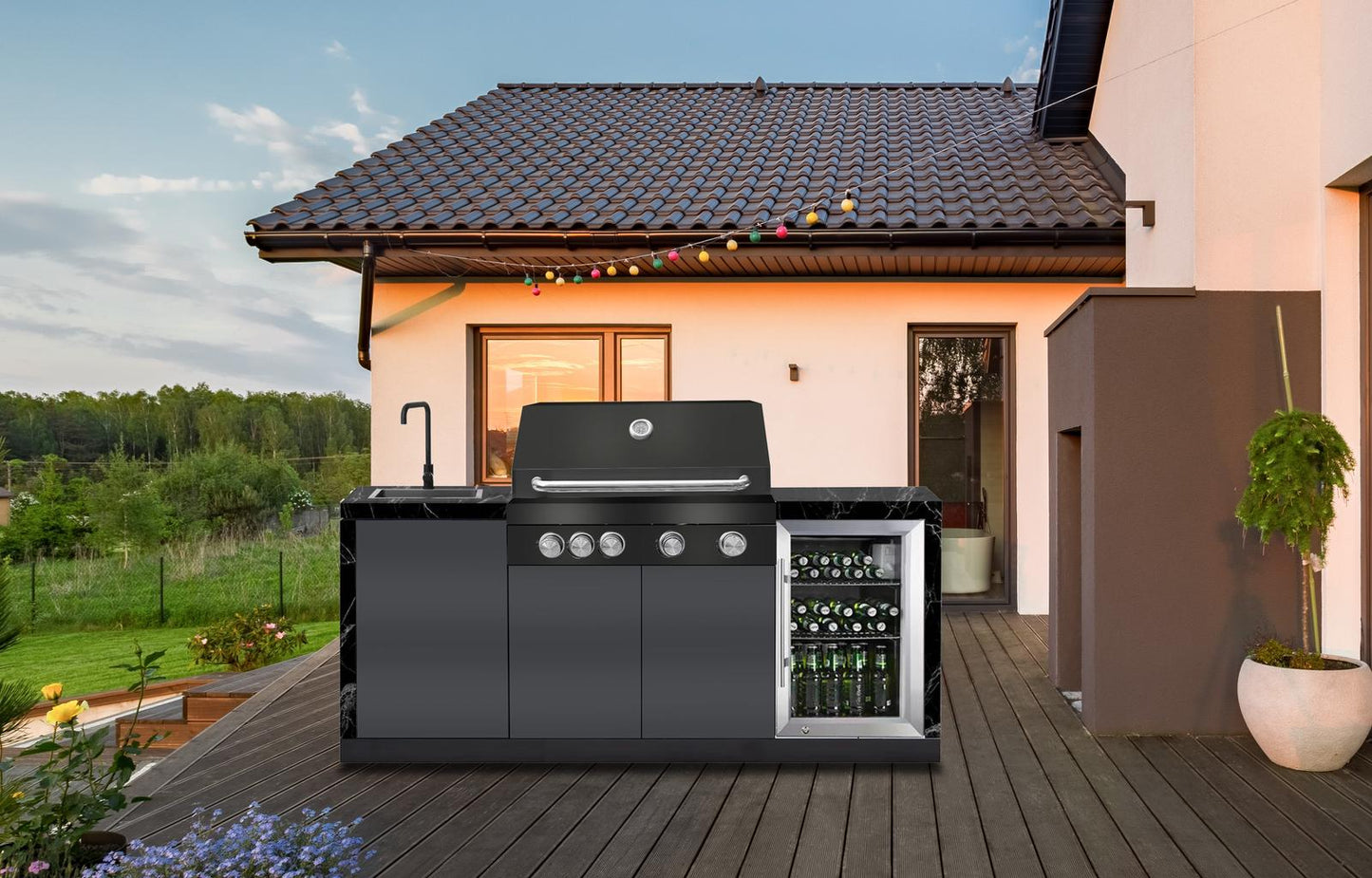 Rockpool 4B: Designer Black Outdoor BBQ Kitchen Package inc Fridge, Sink Rear Infrared, Rotisserie, BBQ Cover