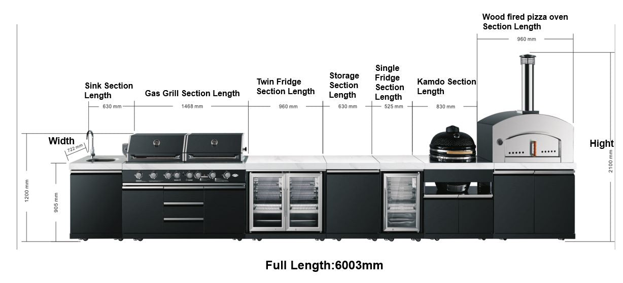 Element Twin Hood 8-Burner Outdoor BBQ Kitchen + 118L Kegerator : Graphite Stainless Steel, Stone Bench, Fridge, Sink, Height Adjustable, Rotisserie with BBQ Cover