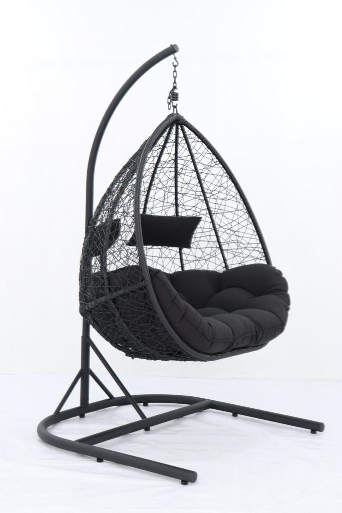 ARI Outdoor Hanging Egg Chair Black - Outdoor Patio Hanging Egg Chair with Cushion and Metal Stand. Frame: steel, powder coated. Round Wicker woven