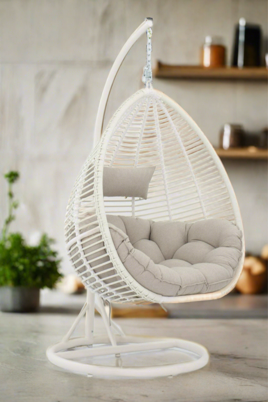 ARI Outdoor Hanging Egg Chair White - Outdoor Patio Hanging Egg Chair with Cushion and Metal Stand. Frame: steel, powder coated. Round Wicker woven